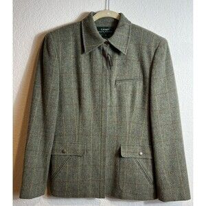 Women's Lauren Ralph Lauren 100% Lambswool Green Plaid Jacket Zip Size 10